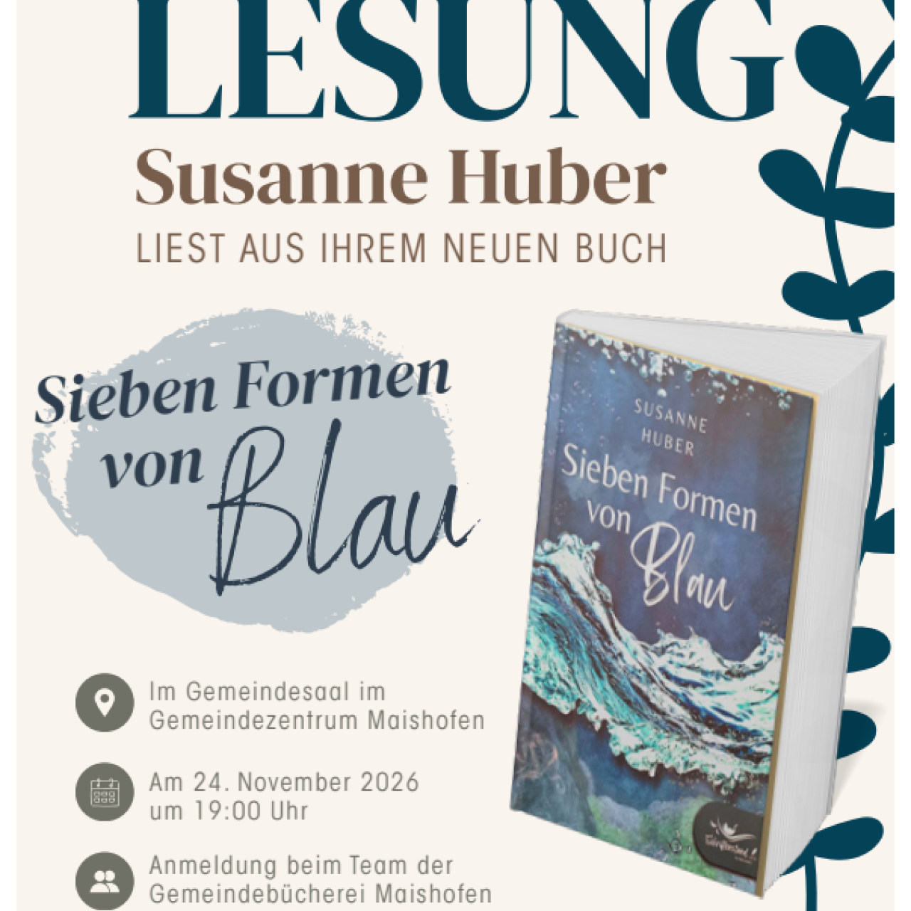 Lesung der Schriftstellerin Susanne Huber am 24.11.2026 um 19:00